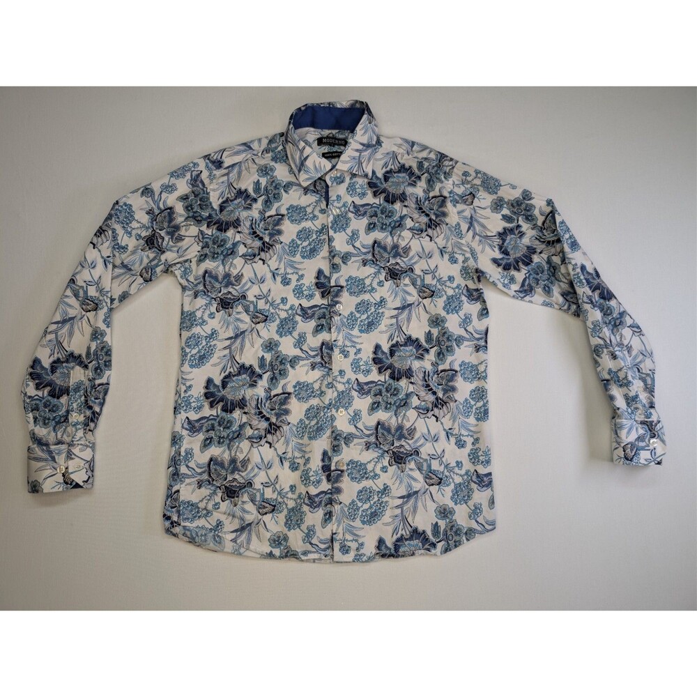 Moderno Men’s Size L Floral Button Up Dress Shirt Long Sleeve Blue White Cotton